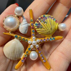 Starfish Brooch Gold Tone Seashell Faux Pearl Coastal Statement Pin